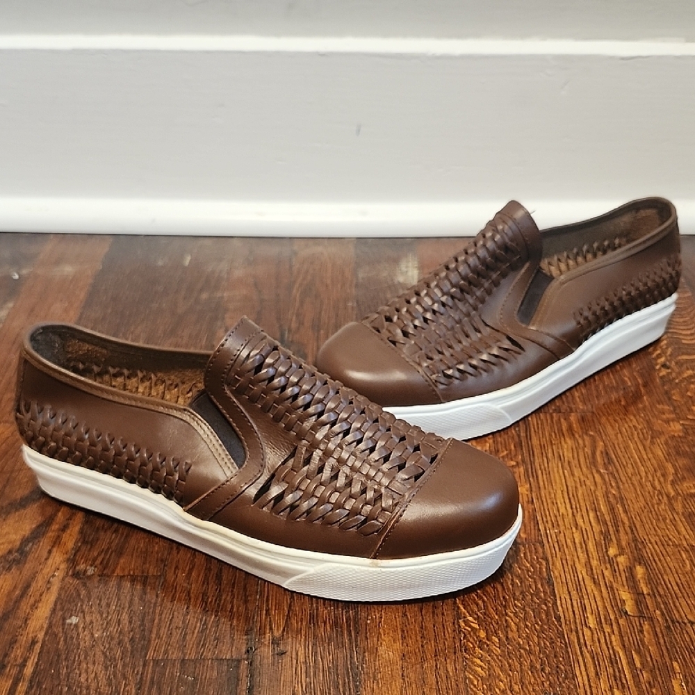 Hitchcock Wide Shoes Brown and White Slip-On Loafers with Woven Design